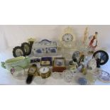 Various ceramics and glassware etc inc clocks, pair of glass vases, cruet set, cigarette flag silks,