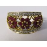 9ct gold ruby and diamond accent 3 flower ring size L weight 3 g