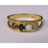 14 ct gold 4 stone ring consisting of citrine, sapphire, seed pearl and aquamarine size P/Q weight 3
