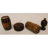 Small carved wooden barrel, carved vesta case in the form of cigars, treen puzzle snuff box & turned