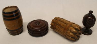 Small carved wooden barrel, carved vesta case in the form of cigars, treen puzzle snuff box & turned