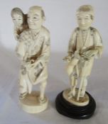 2 Meiji period ivory okimono of a man with a child on his back (missing parasol) & a man with a