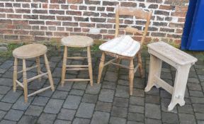 Pine kitchen chair & 3 stools