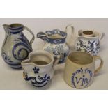 Large tin glazed earthenware jug, 3 other jugs and hand-made ale / vin mug