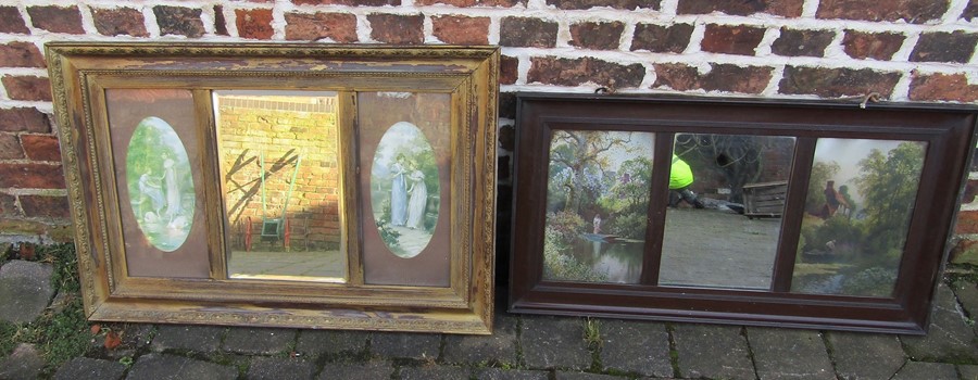 2 wall mirrors flanked by portraits of ladies and country scenes (prints) 88 cm x 50 cm and 91 cm