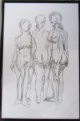 Framed modernist abstract charcoal drawing of three nudes signed Mr Ratt 55 cm x 81 cm (size