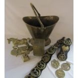 Brass coal bucket, horse brasses, tobacco box and horse figures