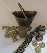 Brass coal bucket, horse brasses, tobacco box and horse figures