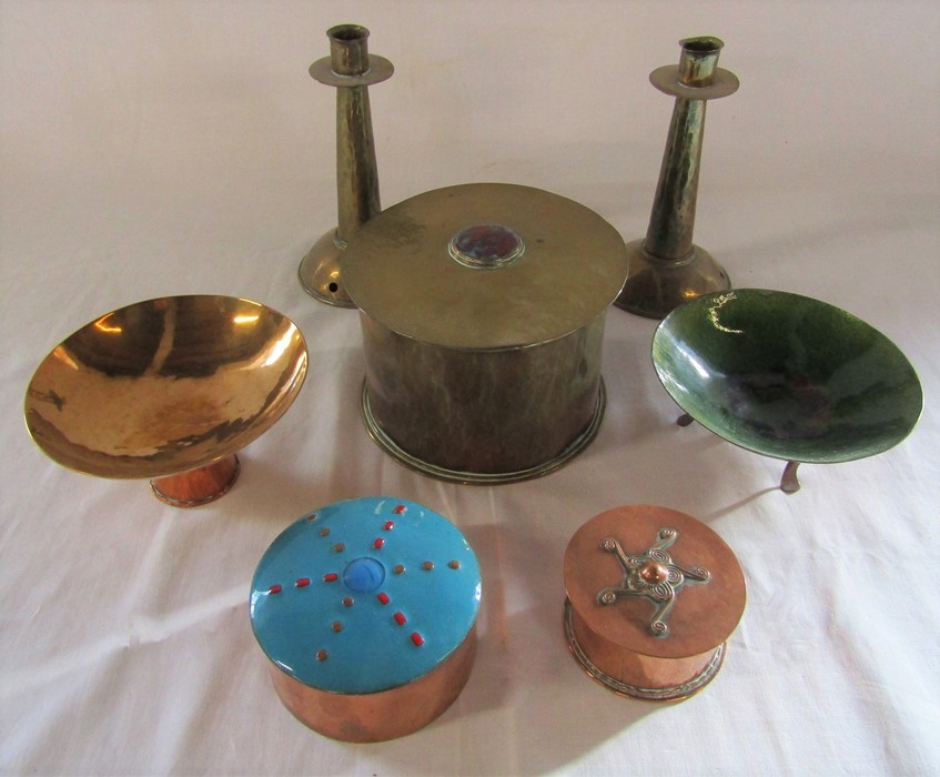 Selection of hammered and enamel pots, candlesticks and dishes (candlesticks H 16.5 cm, large lidded