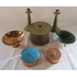 Selection of hammered and enamel pots, candlesticks and dishes (candlesticks H 16.5 cm, large lidded