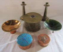 Selection of hammered and enamel pots, candlesticks and dishes (candlesticks H 16.5 cm, large lidded