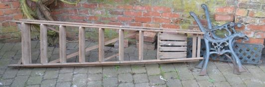 Cast iron bench ends & back & a set of wooden steps