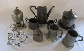 Various silver plate and pewter inc Coffee set, egg warmer, biscuit barrel and toast rack