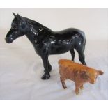 Beswick black horse H 17 cm & a Beswick highland calf