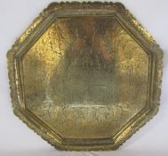 Octagonal brass charger decorated with Indian figures D 50 cm