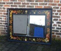 Large black mirror with painted fruit decoration 128 cm x 98 cm