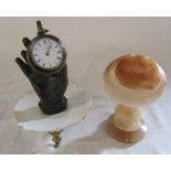 2 fob watch / pocket watch stands (marble H 10.5 cm, Hand H 15 cm) together with silver fob watch