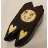 19th century treen double shoe snuff box with bone hearts inlay and carved initials FB AP 10cm