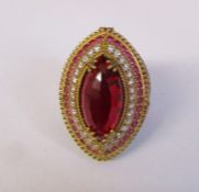 Large silver dress ring with central red style stone accented with ruby and topaz chips size P/Q H
