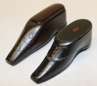 19th century lacquered papier mache novelty snuff box in the form of a shoe (8cm) and one other