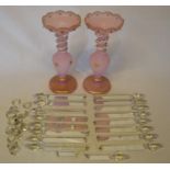 Pair of Victorian pink lustres with drops (some damage) with applied snakes to necks