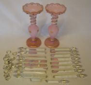 Pair of Victorian pink lustres with drops (some damage) with applied snakes to necks