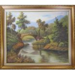 Gilt framed oil on canvas of a bridge and stream 74 cm x 63 cm (size including frame)