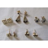Pair of 9ct gold diamond and sapphire drop earrings weight 1.3 g L 2.5 cm, 2 pairs of 9ct gold