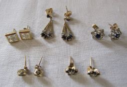 Pair of 9ct gold diamond and sapphire drop earrings weight 1.3 g L 2.5 cm, 2 pairs of 9ct gold