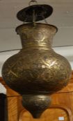 Persian brass hanging lamp with pierced fretwork H 60cm Dia 33cm