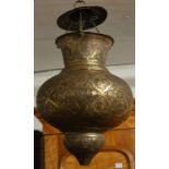 Persian brass hanging lamp with pierced fretwork H 60cm Dia 33cm