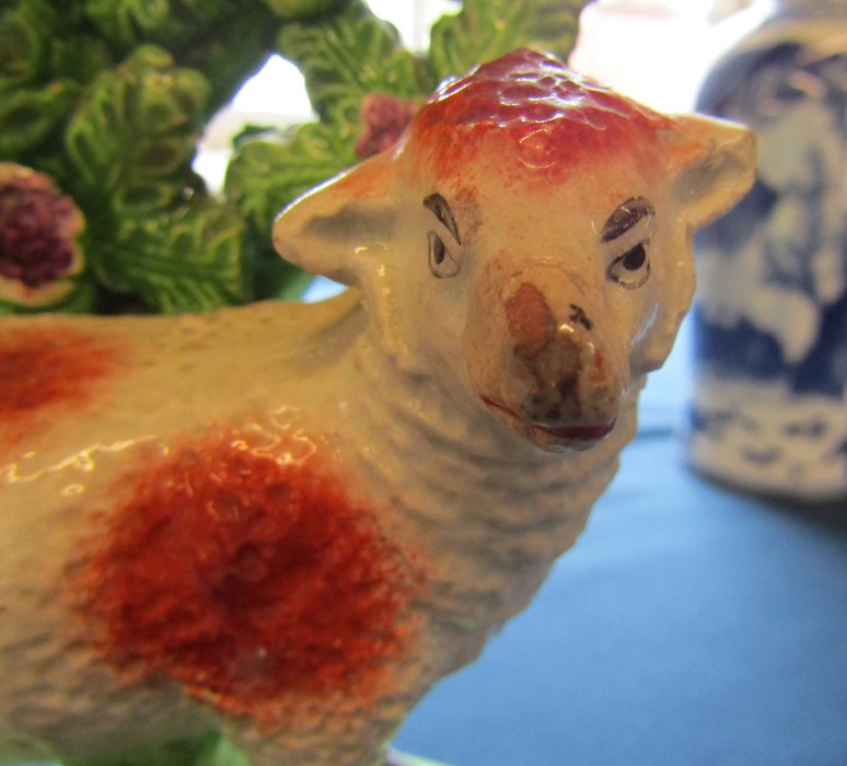 !9th century Staffordshire sheep against a green bocage stamped 'Salt' to verso & a pair of Minton - Image 7 of 8