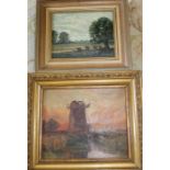 Gilt framed oil on canvas depicting windmill (indistinguishable signature) & small oil on board