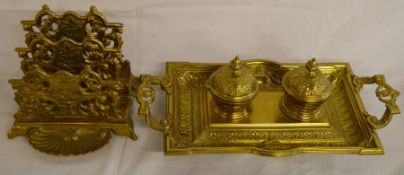 Brass pen tray with 2 glass lined inkwells & a letter rack