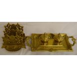 Brass pen tray with 2 glass lined inkwells & a letter rack