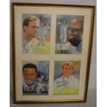 4 signed prints of international cricketers in a frame