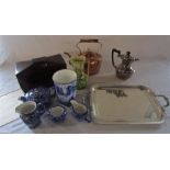 Various ceramics inc Ringtons, silver plate, sewing box (af), copper kettle etc