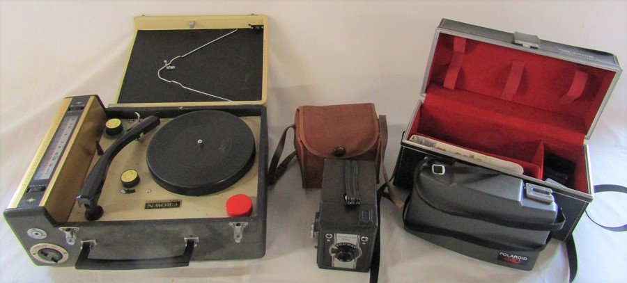 Crown radio phonograph record player, Conway box camera & Polaroid 440 camera