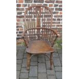 Yew wood Windsor chair with crinoline stretcher (split/repair to seat)