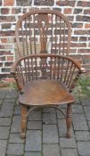 Yew wood Windsor chair with crinoline stretcher (split/repair to seat)