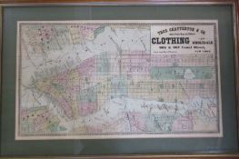 Framed map of New York city dated 1871 'Thos Chatterton & Co - clothing at Wholesale 265 & 267 Canal