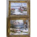 2 gilt framed oil on board paintings by L Treacher ' Incoming Tide' and 'Alpine snow scene' 76 cm