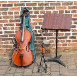 Cello with carry case, instrument stand and music stand (with sheet music not shown in picture) (
