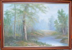 Oil on canvas landscape with a river in the foreground signed by Roger Brown. Frame 100cm by 70cm