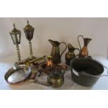 Various brass and copper ware inc table lamps, flambe pans and jugs