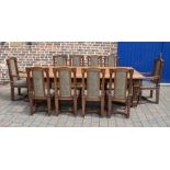 Early 20th century carved walnut dining table 120 cm x 275 cm & 10 early 20th century carved