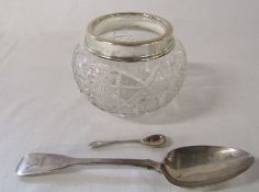 Glass bowl with silver rim Birmingham 1942 H 7.5 cm, Georgian dessert spoon London 1808 weight 1.