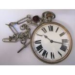 Nickel cased Goliath pocket watch D 10.5 cm case no 93146 together with silver fob chain and fob (