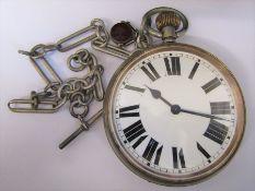 Nickel cased Goliath pocket watch D 10.5 cm case no 93146 together with silver fob chain and fob (