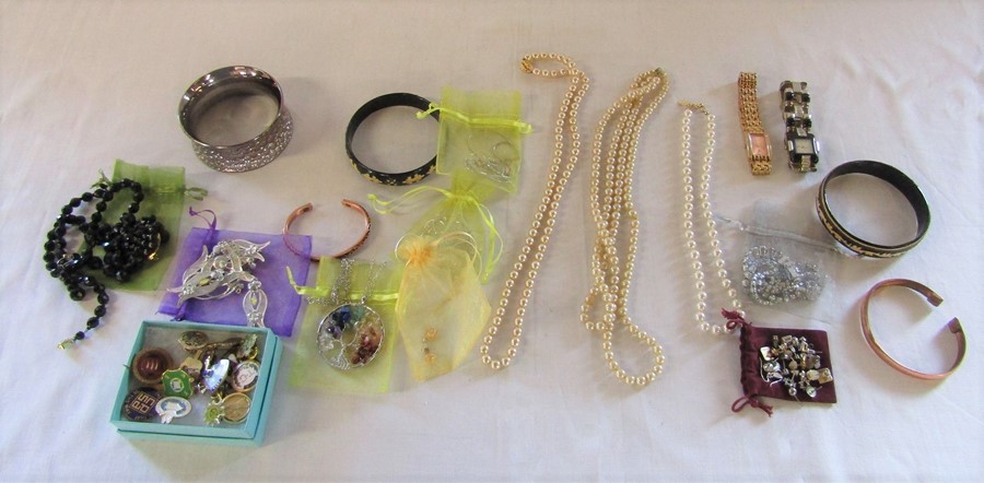 Selection of costume jewellery and watches inc Spanish jet and pearls